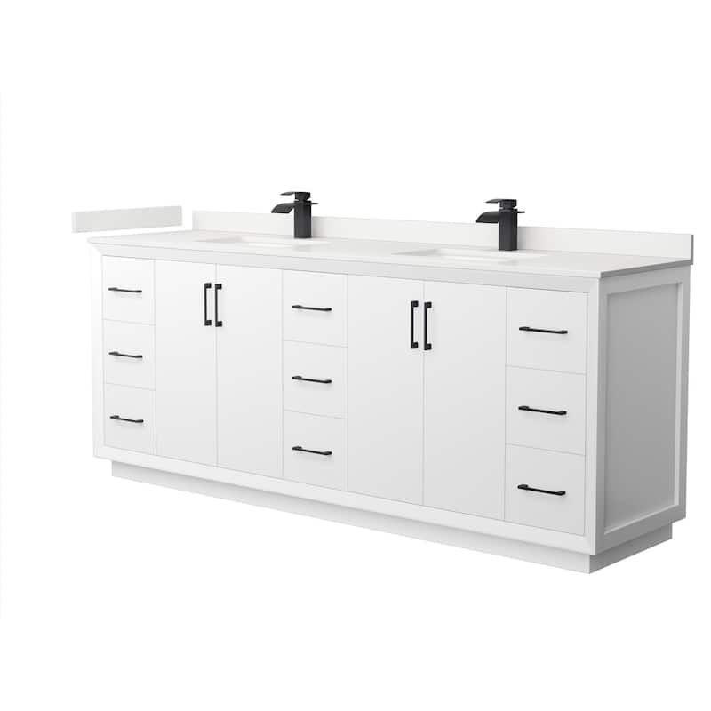 Wyndham Collection WCF414184D-QTZ-UNSMXX Strada 84" Free Standing - White / White Quartz Top / Matte Black Hardware