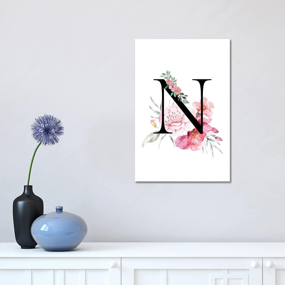 iCanvas "'N' Initial Monogram With Watercolor Flowers" by Design Harvest Canvas Print