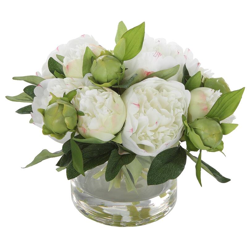Lush Peony Blossoms and Buds Artificial Bouquet - 10" - White and Green
