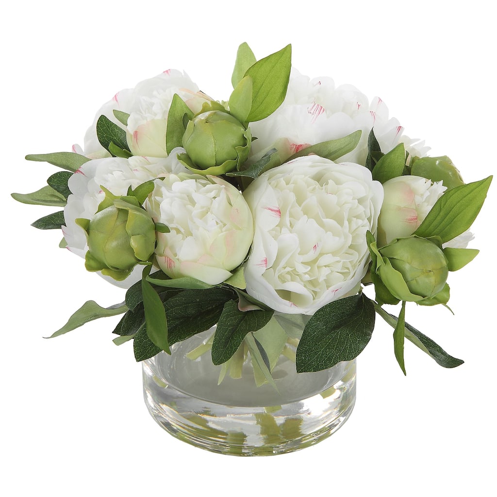 Lush Peony Blossoms and Buds Artificial Bouquet - 10" - White and Green
