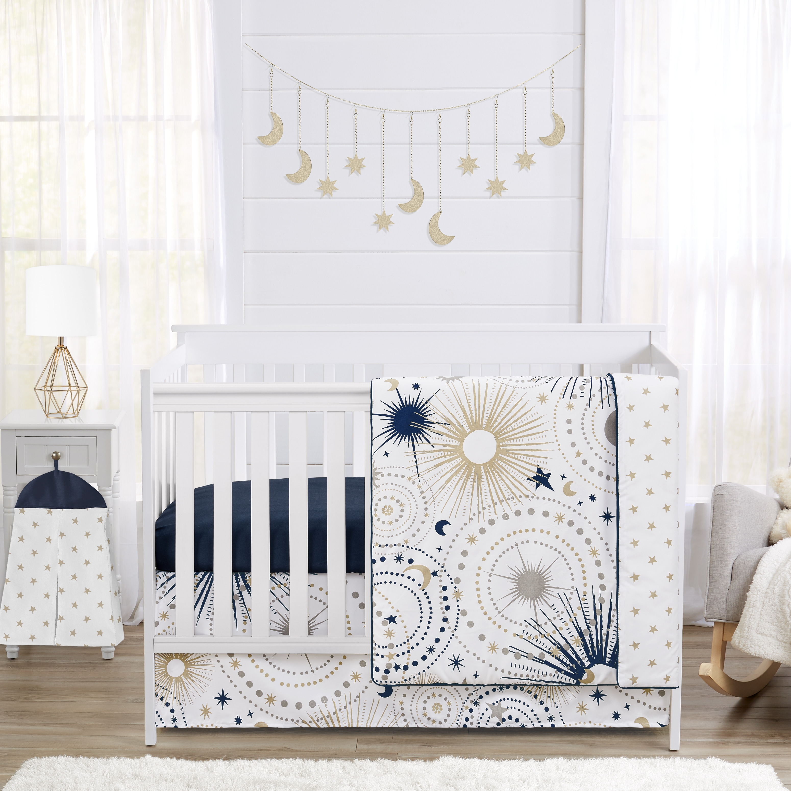 Star and Moon Collection Boy Girl 4pc Nursery Crib Bedding Set - Navy Blue Gold Grey Celestial Sky Stars Gender Neutral Unisex