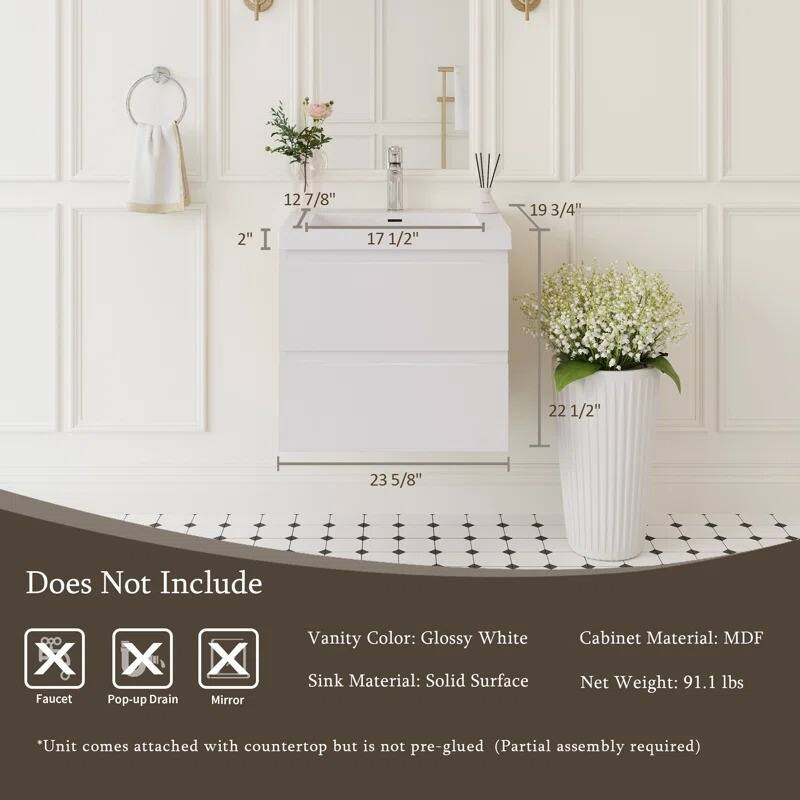 ABRUZZO 24" Floating Single Bathroom Vanity Wall-Mounted with Integrated Resin Top Basin 2 Soft Close Drawers Full Assembly