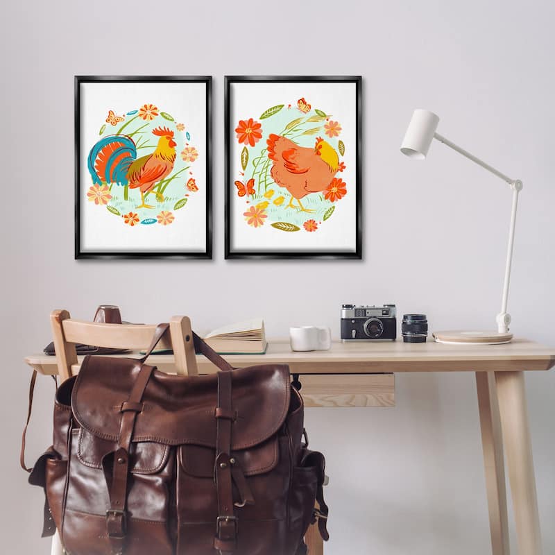 Stupell Rooster & Hen with Florals Framed Floater Canvas Wall Art Design By Hannah Moren (Set of 2)