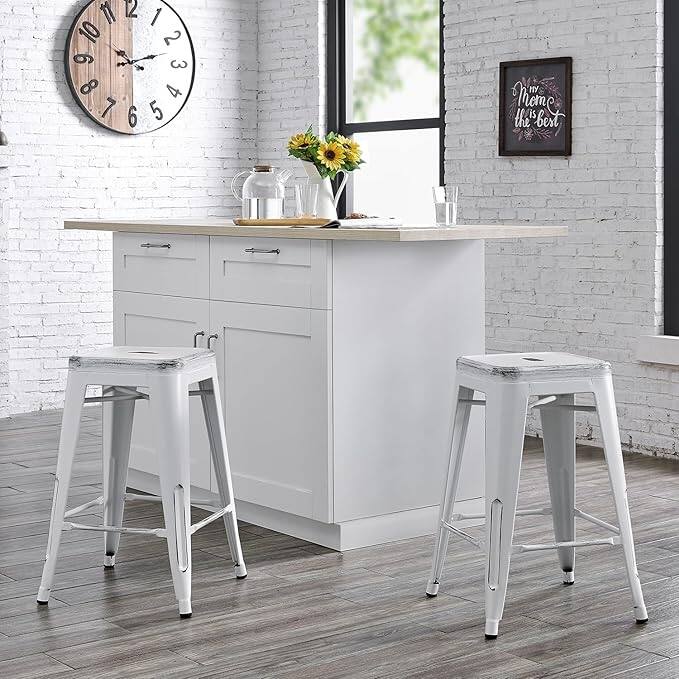 Backless Light Weight Industrial Vintage Costal Metal Bar Stools Without Back and 4 Leg Design (Set of 2)(24" Seat)