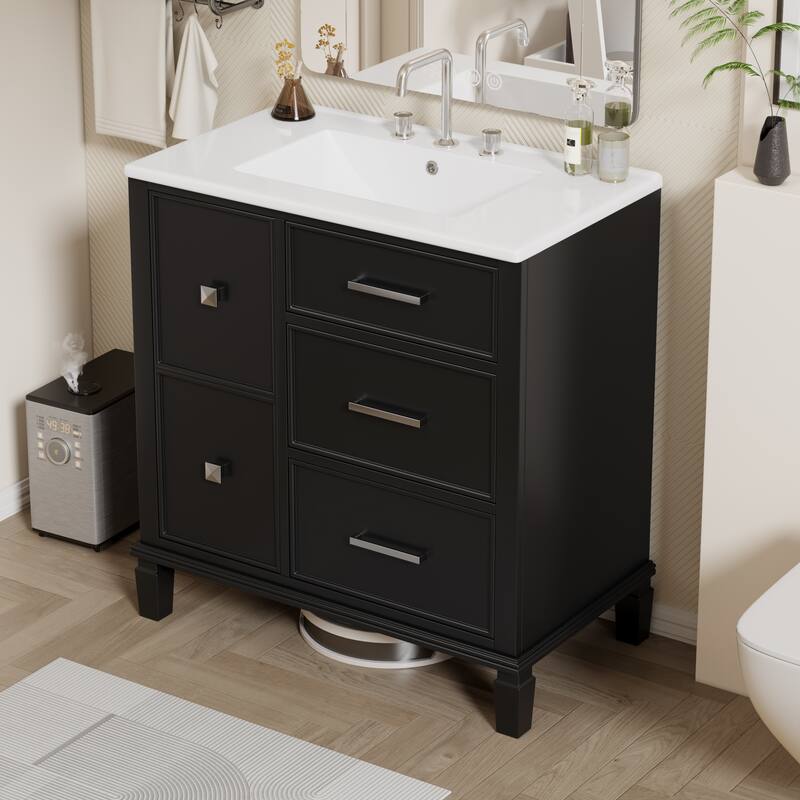 Freestanding Bathroom Vanity with Drop-In Rectangular Ceramic Sink, Flip-Out Drawer, Soft-Close Drawers and Solid Wood Legs