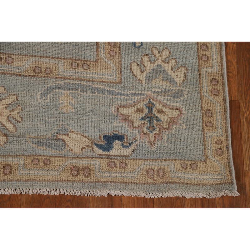 Geometric Blue Vegetable Dye Oushak Turkish Hand-Knotted Wool Carpet - 5'5"x 7'7"