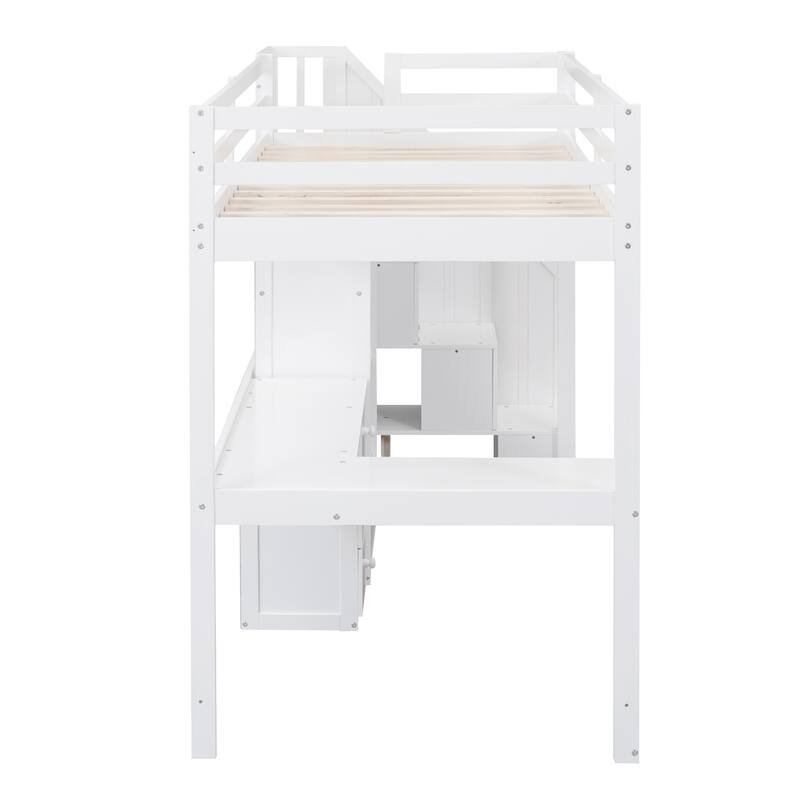 Twin/Full Loft Bed with L-Shaped Desk and Storage Staircase, Multi-Functional Solid Wood Loft Bed Frame with Drawers & Bookcase