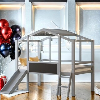 Double Loft Bed With Ladder And Slide, House Bed With Blackboard And Roof Light Strip
