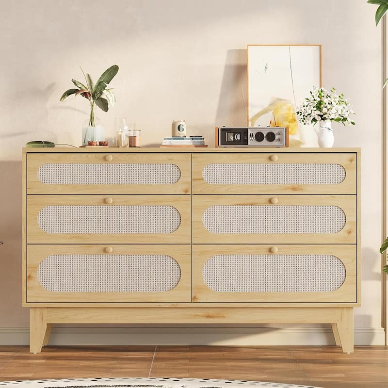 6-Drawer Rattan Dresser with Power Outlet, Wooden Chest of Drawers - Natural