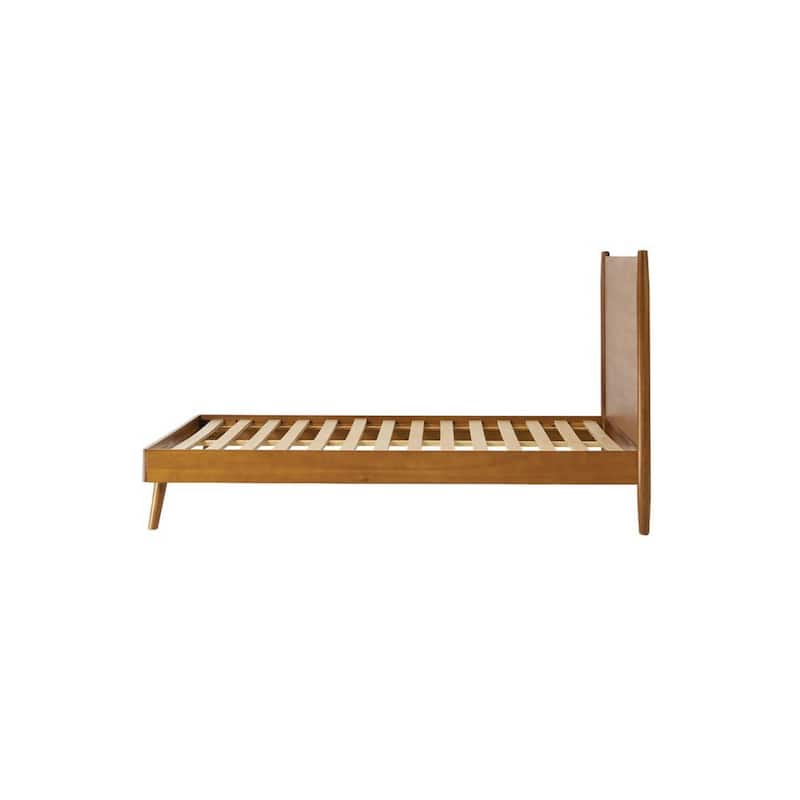 Ozzy Queen Size Bed with Slat Panel Design, Natural Acacia Wood Finish