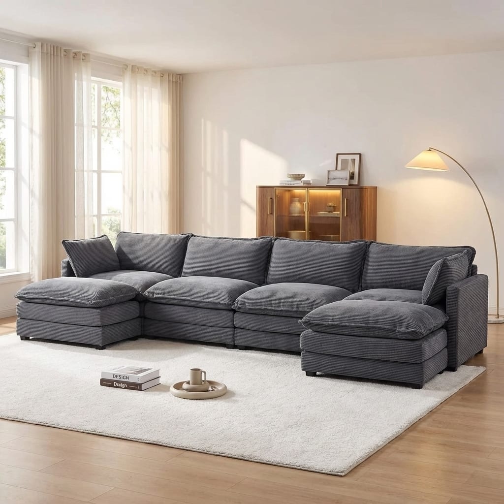 Oversized Modular Corduroy Sectional Sofa Set with Ottoman, 3-Seater / 4-Seater Deep Seat Lounge Couch for Living Room