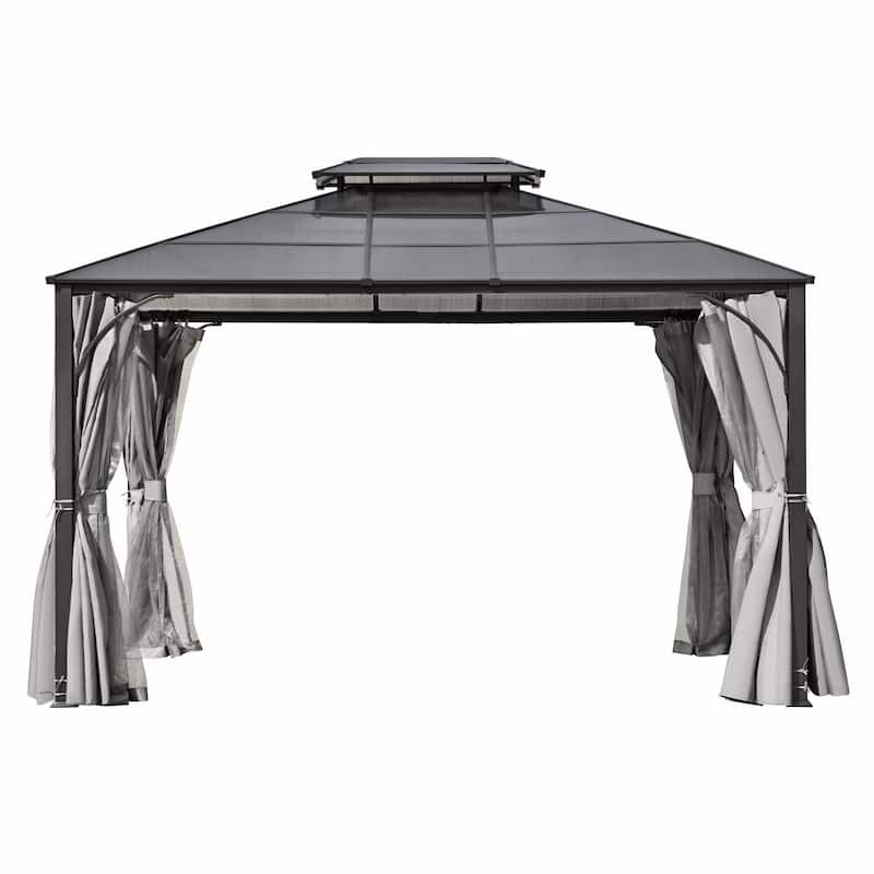 10'x12' Heavy Duty Hardtop Gazebo with Aluminum Frame, Mosquito Netting & Privacy Curtains