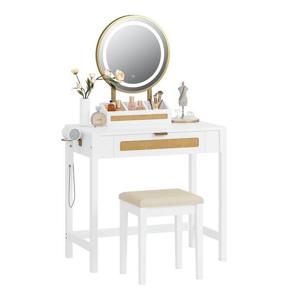 slide 2 of 9, COSTARS Rattan Makeup Vanity Desk with Mirror and Lights, White Vanity Table with Drawers,Dressing Table with 3 Lighting Modes White