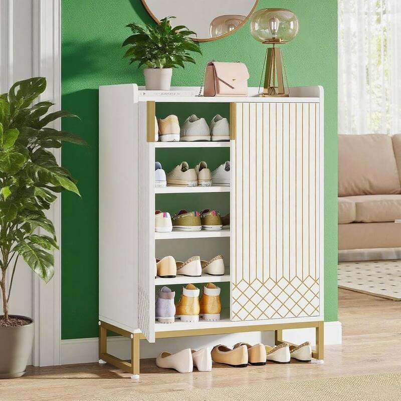 White 5 Tier Shoe Cabinet with Steel Legs Diamond Pattern Storage Organizer for 20 to 25 Pairs of Shoes