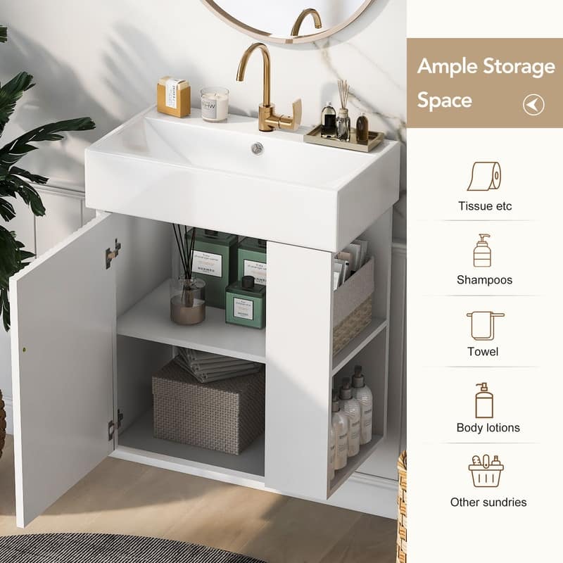 21.6" White Bathroom vanity Cabinet with Single Vessel Sink,Right Side Storage