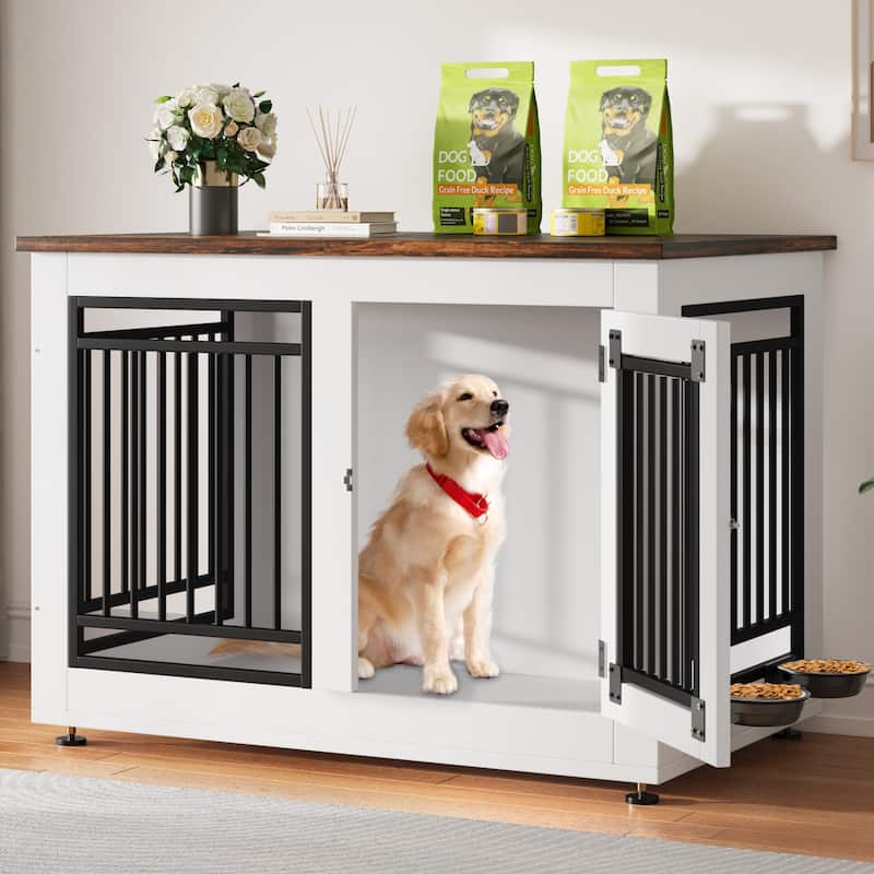 Moasis Dog Crate Furniture, End Table with Feeding Bowls
