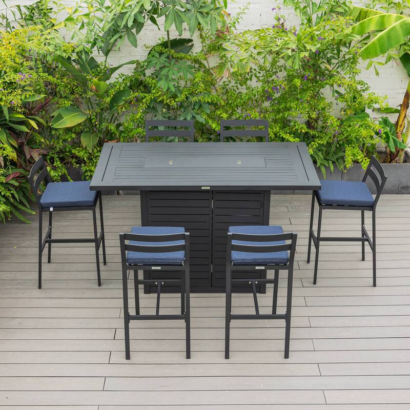 7-Piece Outdoor Patio Bar Height Dining Set in Aluminum with Rectangular Fire Pit Table and 6 Barstool