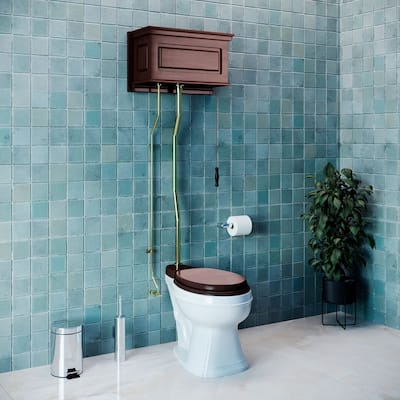 Dark Oak Wooden High Tank Toilet Raised Tank, Round White Bowl and Brass Z Pipe