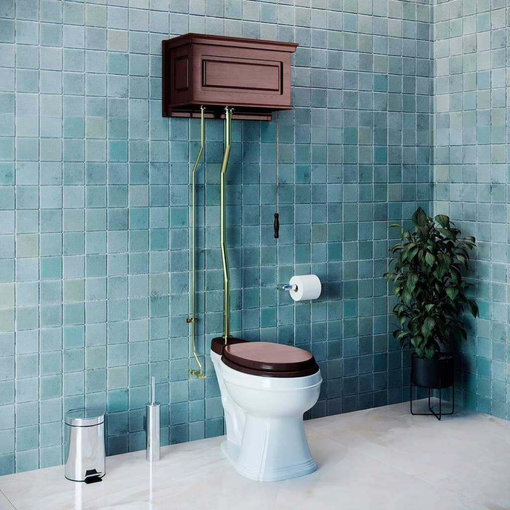 Dark Oak Wooden High Tank Toilet Raised Tank, Round White Bowl and Brass Z Pipe