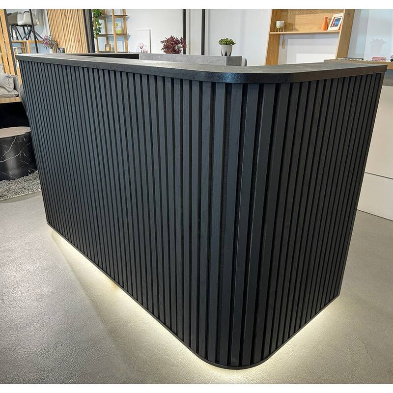 WESOME 70.87in Black Mid Century Curved Reception Desk with Outlet Cable Box LED Light