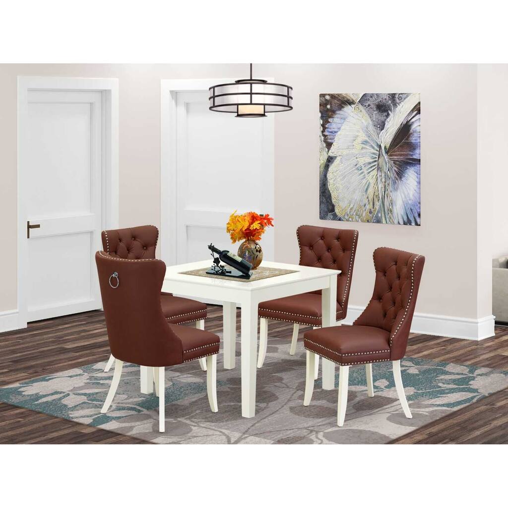 5-Piece Linen White Finish Solid Wood Top - Square Upholstered Dining Room Set - Seats 4