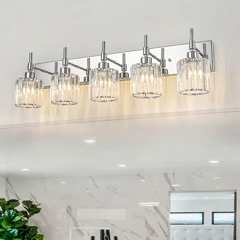Modern Dimmable Crystal Bathroom Vanity Light Wall Sconces with Crystal Shades - 5 - Light - Chrome