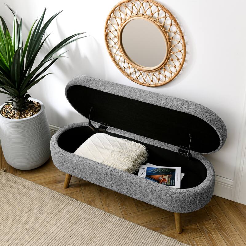 43.5 in. Oval Bedroom Bench Linen Fabric Upholstered Storage Ottoman Bench with Solid Wood Legs Entryway Bench