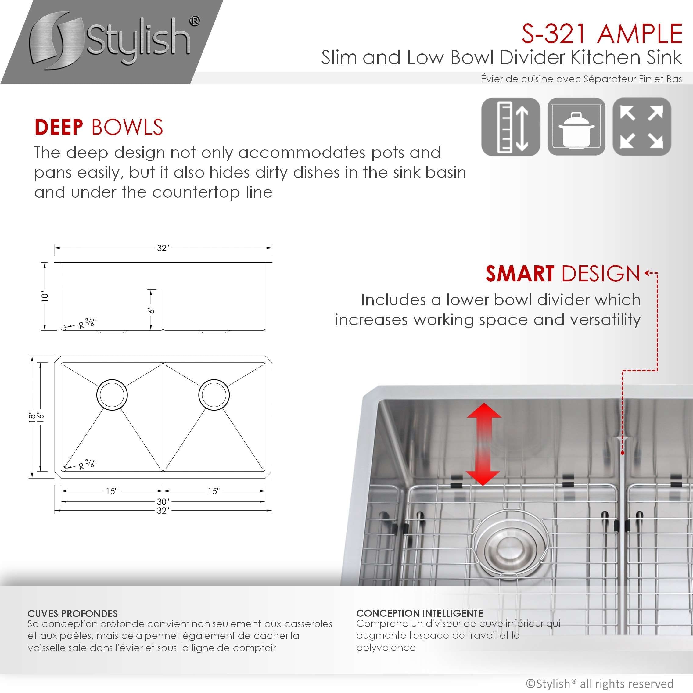 32 Inch Slim Low Divider Double Bowl Undermount Stainless Steel Kitchen Sink