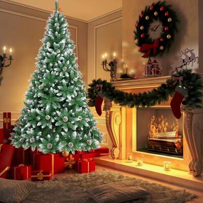 7FT Pointed PVC Christmas Tree with Pine Cones, Spraying White, 1200 Branches Tips. For Home, Office and Party Decoration
