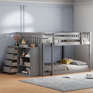 Multifunctional Wood Bunk Bed with Maximized space, Solid Construction and Build-in Ladder, Grey