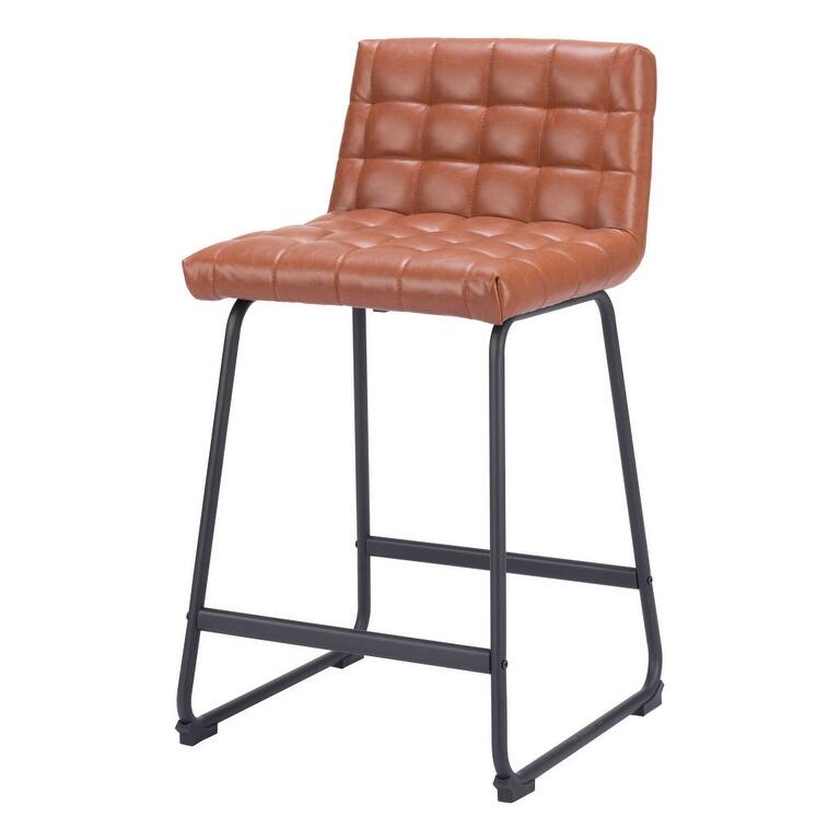Set of Two 26" Brown And Black Faux Leather And Steel Counter Height Bar Chairs