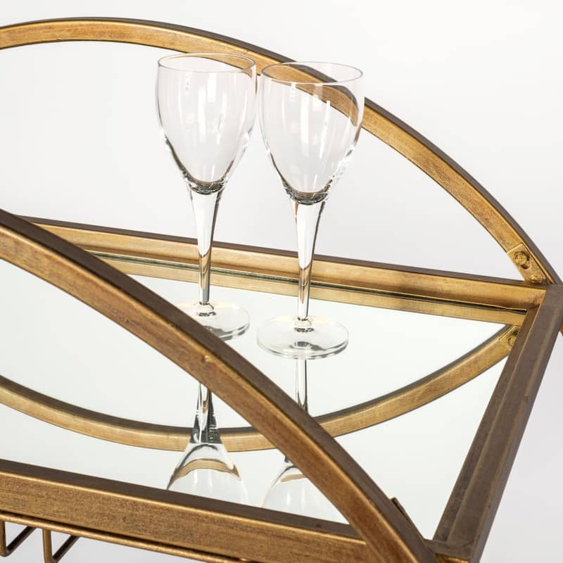 Carola Gold Iron Frame w/ Two-Tier Mirrored Shelves & Stemware Holder Bar Cart - 36.25L x 18.0W x 40.25H