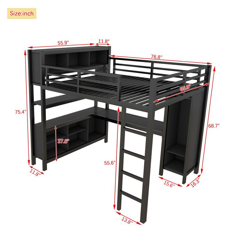 Full Size Metal Loft Bed with Wardrobe, L-Shaped Desk, Storage Cubes and Shelves