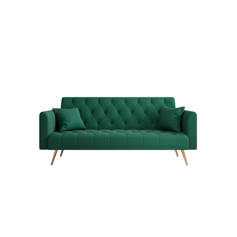 71'' Velvet Upholstered Convertible Folding Sofa Bed: Gold Metal Legs
