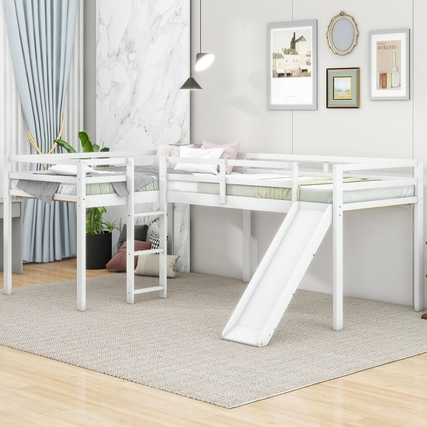 slide 2 of 9, Modern Twin Size Functional L-Shaped Loft Bed With Ladder And Slide for Bedroom White
