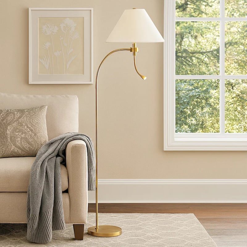 Ashy 68 Inch Task Floor Lamp, Gooseneck LED, White Shade Gold Arc Pole