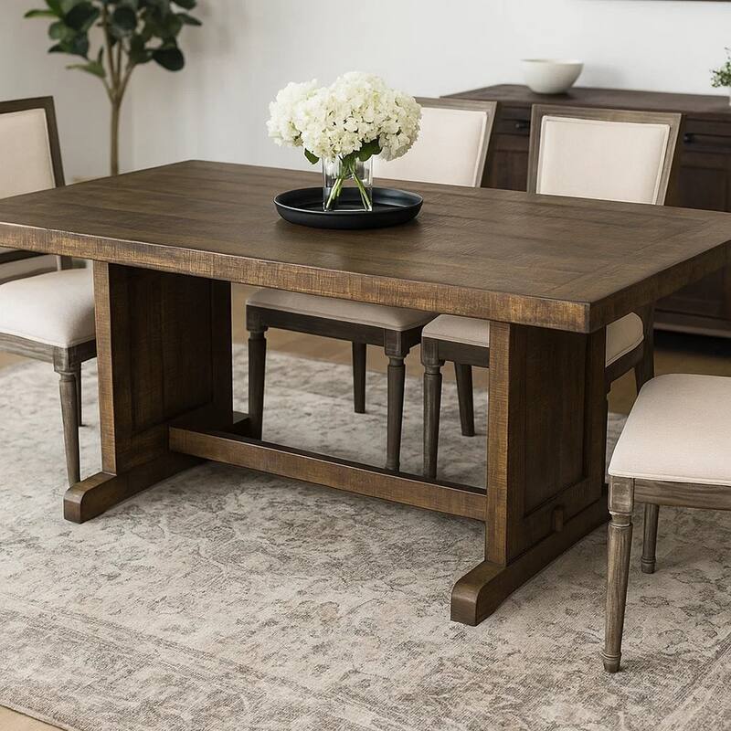 Camie Dining Table, 60 Inch Rectangular Plank Top, Brown Mahogany Wood