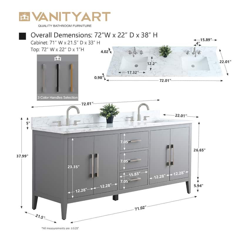 Vanity Art 72" Double Sink Bathroom Vanity Cabinet with Engineered Marble Top