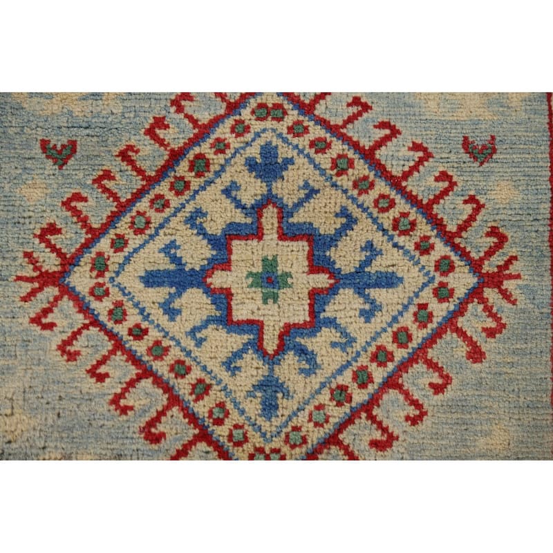 Light Blue Kazak Runner Rug Hand-Knotted Oriental Foyer Wool Carpet - 2'8" x 16'0"