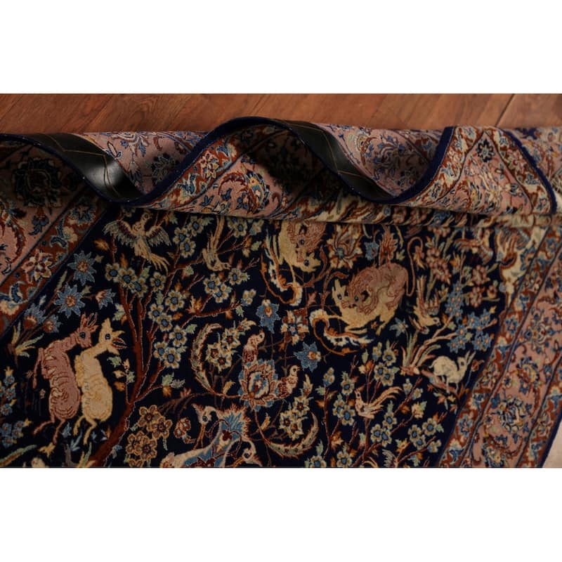 Vegetable Dye Blue Animals Isfahan Persian Vintage Wool Carpet - 3'4" x 5'3"