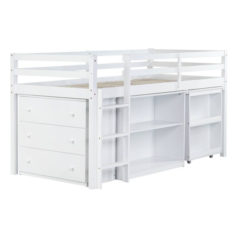 Twin Rubber Wood Loft Bed with Drawer Cabinet, Shelf,Pulling -Out Desk