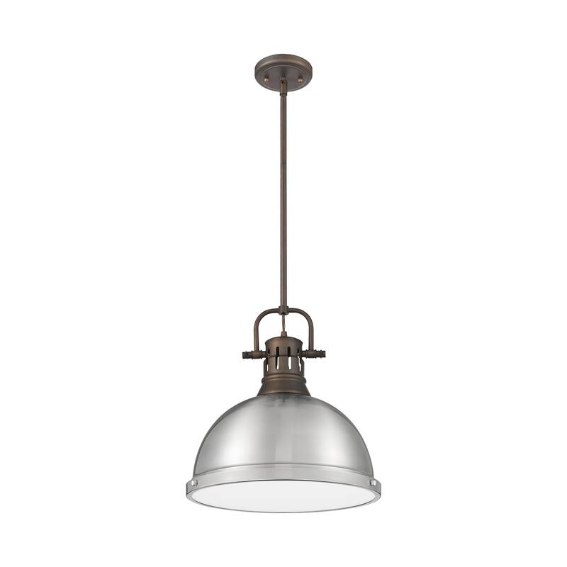 Yep by Golden Lighting Duncan 1-light 14in Rod Hung Pendant in Rubbed Bronze and Pewter shade