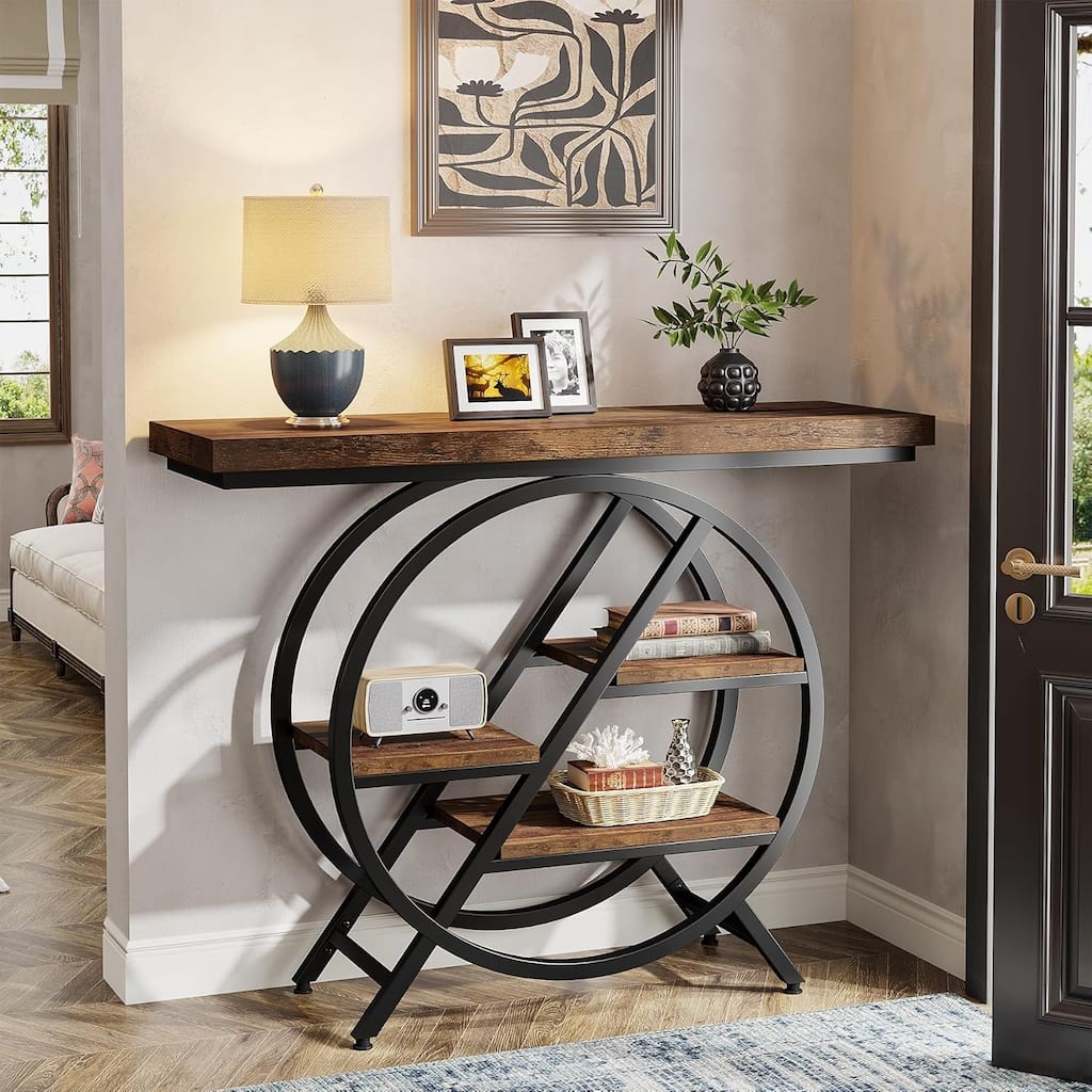 39.4" Industrial 4-Tier Entryway Console Table with Geometric Circle Metal Frame & Storage Shelves