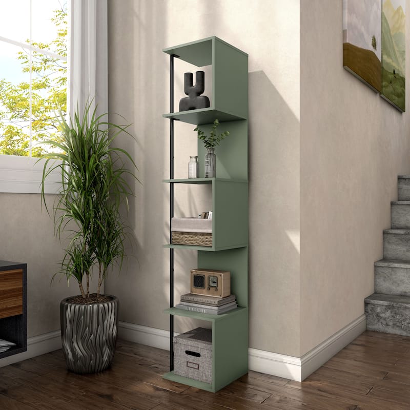 DH BASIC Modern 5 Tier Open Back Corner Bookcase, Display Bookshelf with Cylinder Metal Leg Post by Denhour