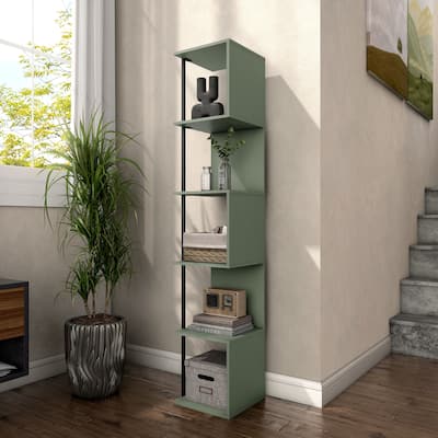 DH BASIC Modern 5 Tier Open Back Corner Bookcase, Display Bookshelf with Cylinder Metal Leg Post by Denhour