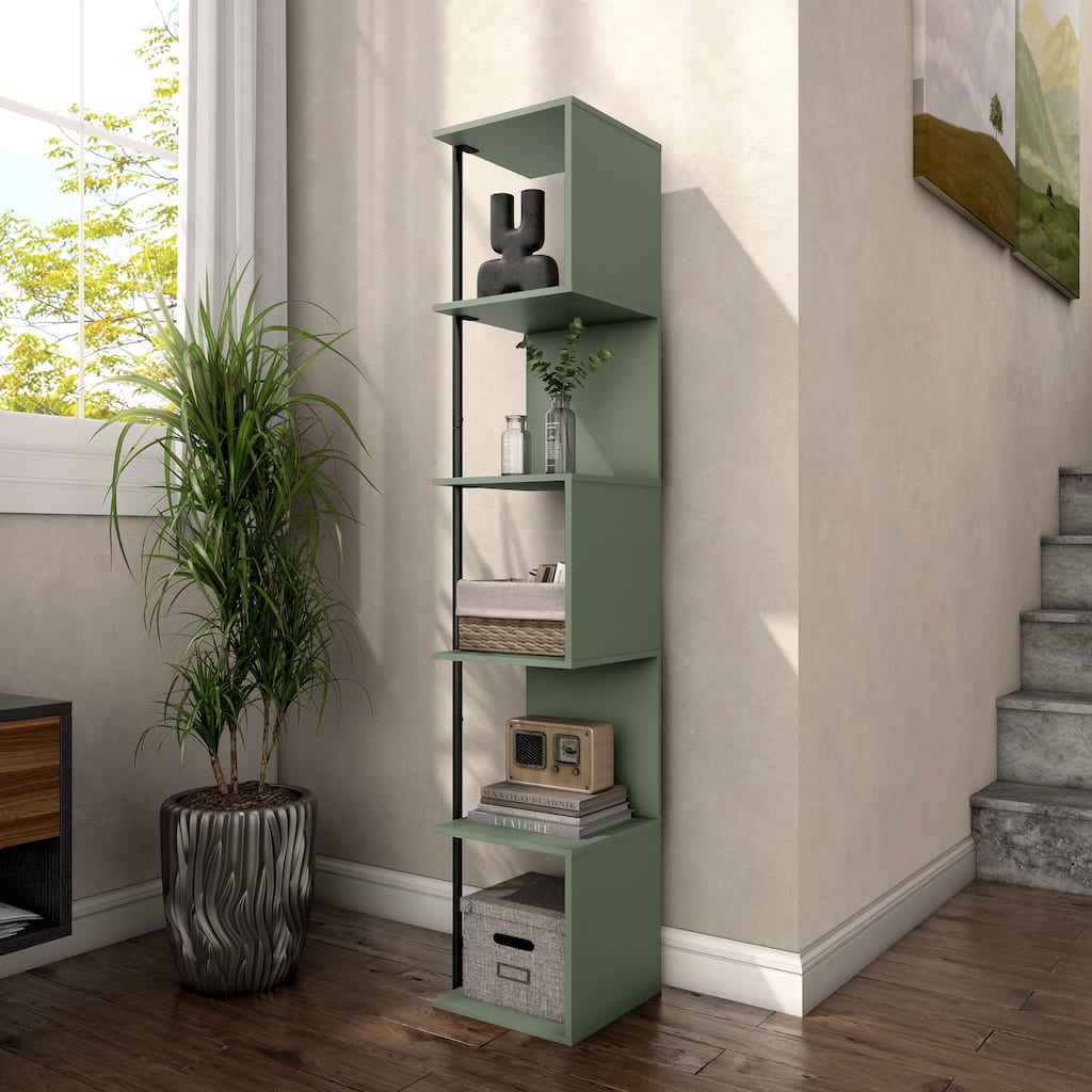 247 Shop At Home Modern 5 Tier Open Back Corner Bookcase, Display Bookshelf with Cylinder Metal Leg Post