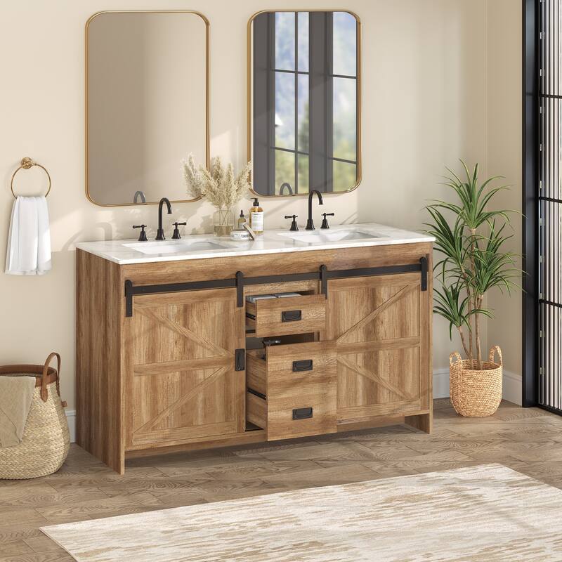 EROMMY Farmhouse Bathroom Vanity with Ceramic Top and Sliding Barn Door Sink Cabinet - Brown - 60" x 21.7"