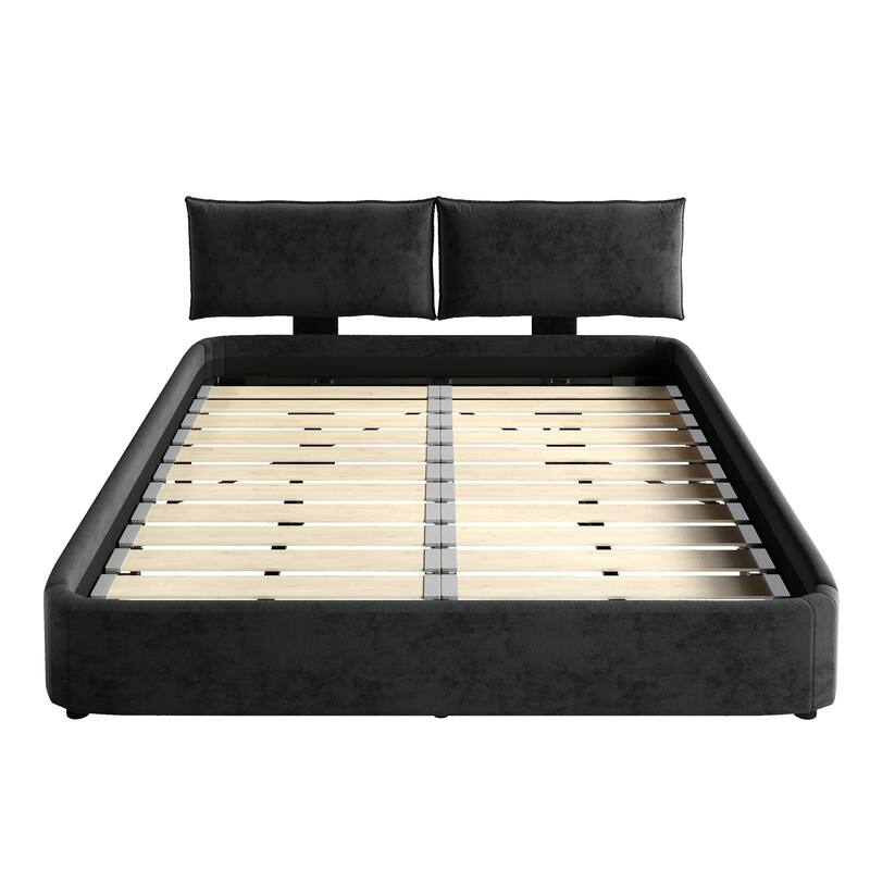 King Size Chenille Cloud Bed Frame, Upholstered Grounding Platform Bed with Oversized Padded Movable Headboard and Round Corner