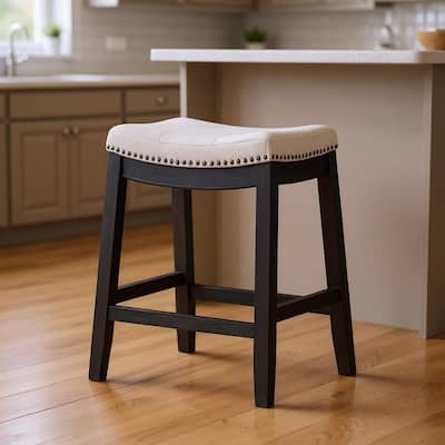 HomeRoots 26" White and Black Fabric and Solid Wood Backless Counter Height Bar Chair