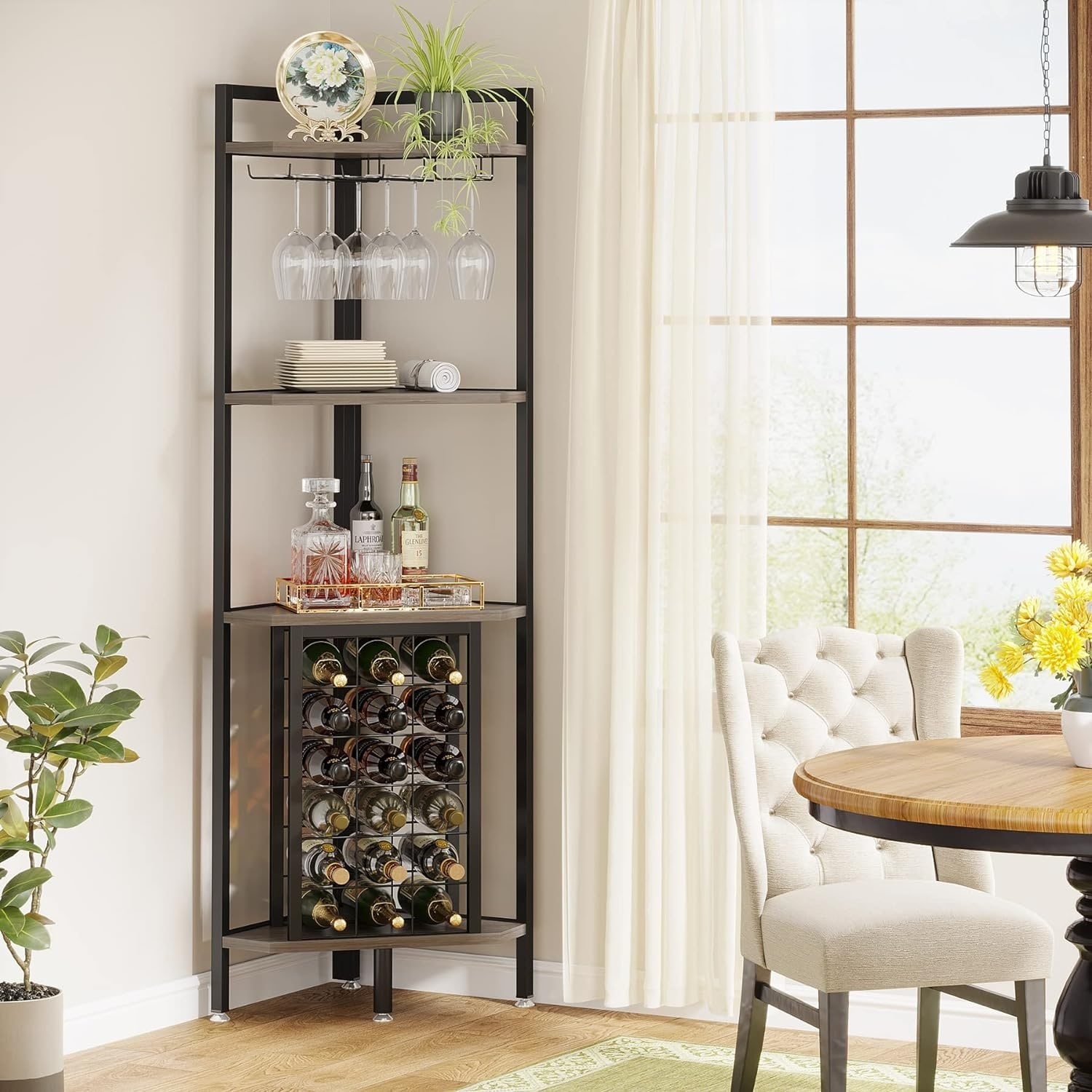 Industrial Tier Corner Wine Rack with Glass Holder Corner Bar